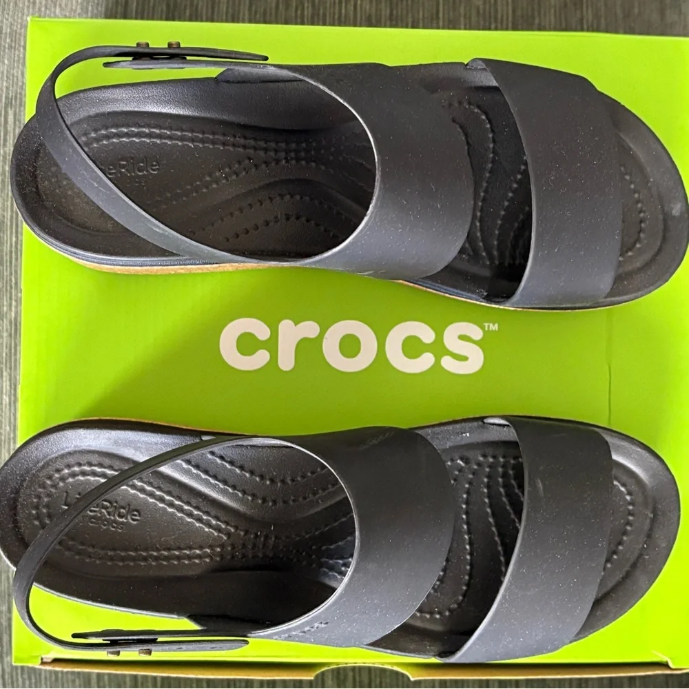 CROCS Women's Black Cork Low Wedge Sandals - Picture 3 of 6